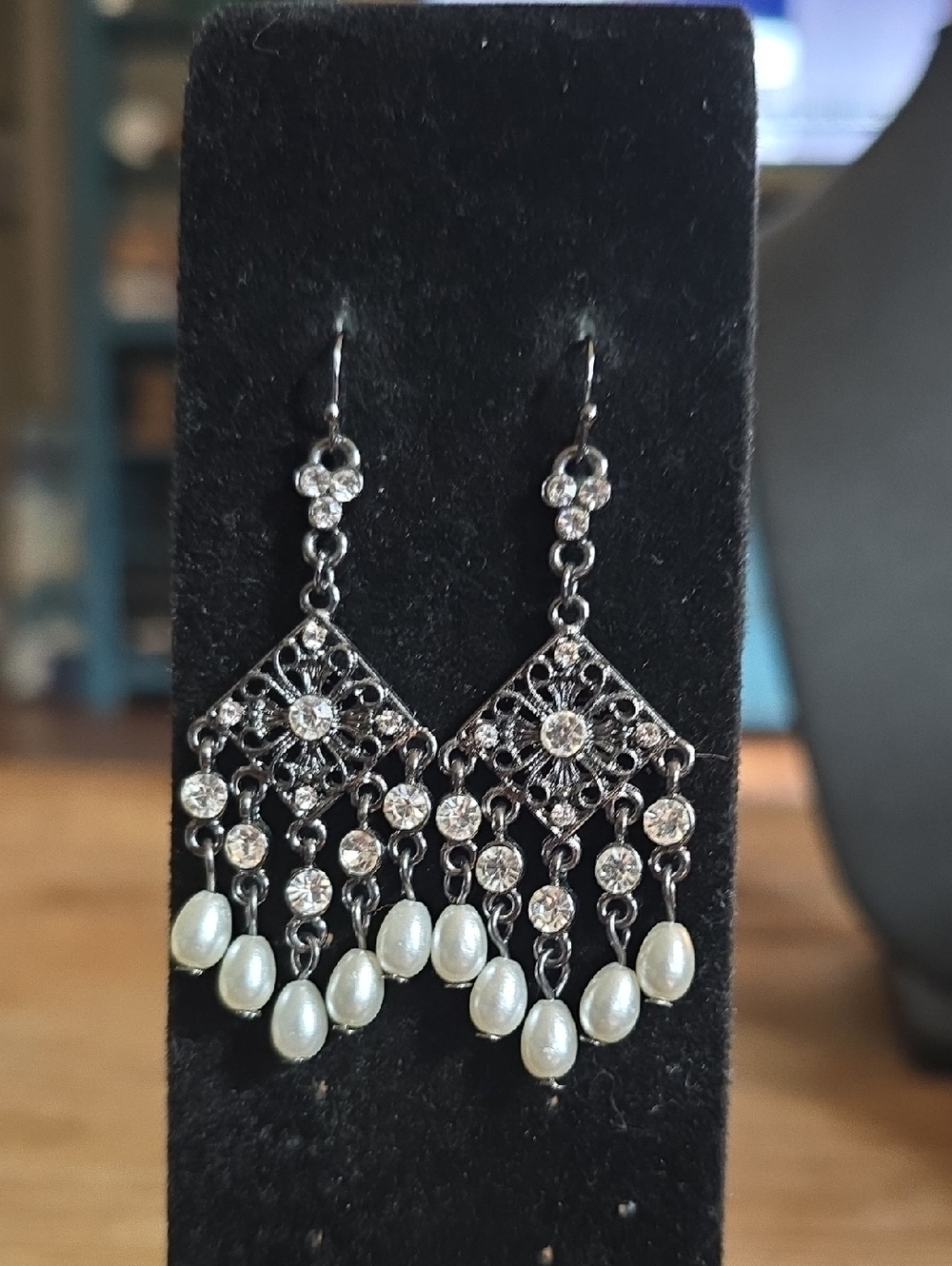 Pearl Drop Filigree Chandelier Earrings - Silver Tone